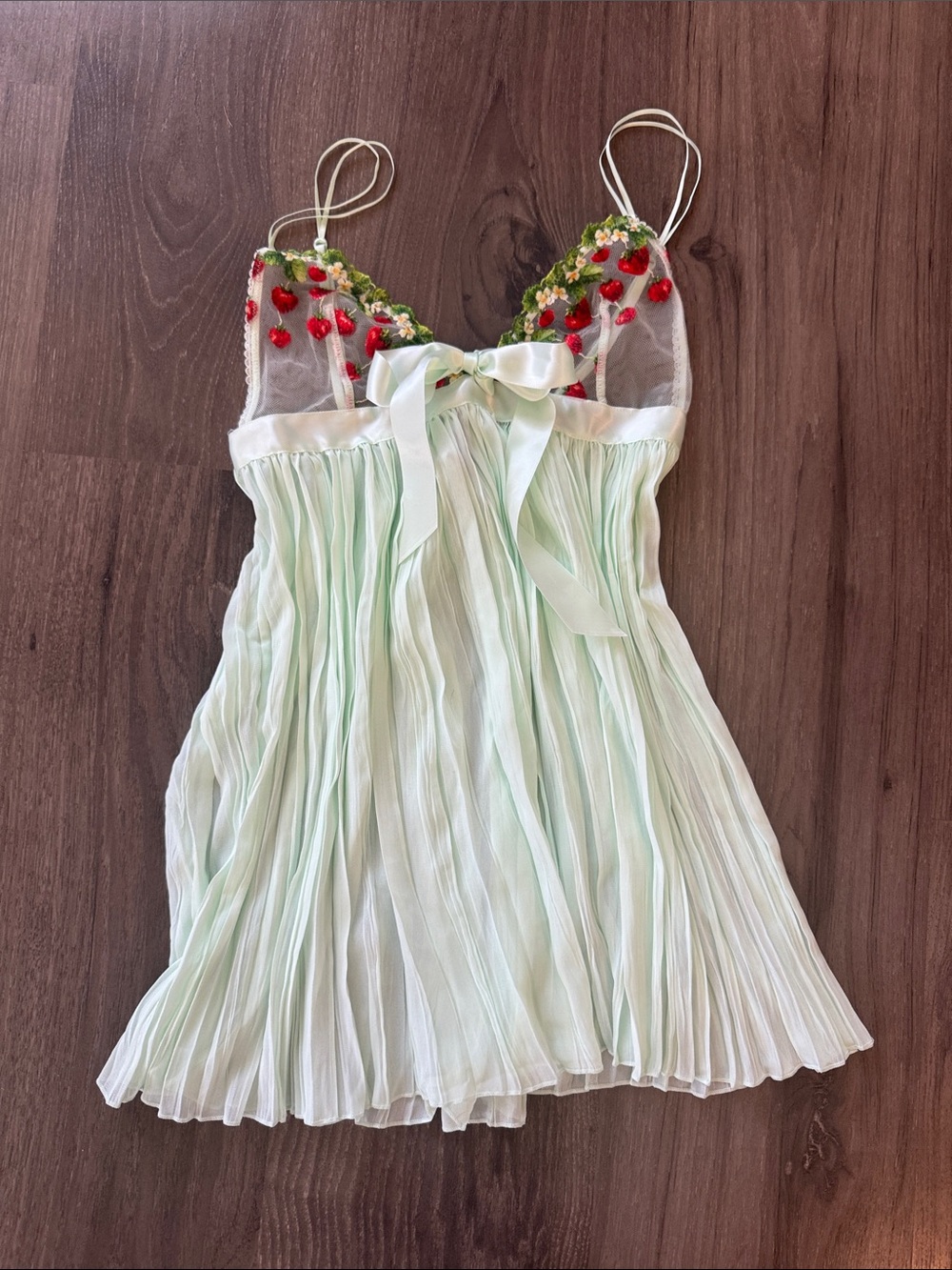 Victoria’s Secret Light Mint Chiffon Babydoll Dress with strawberry Embroidery